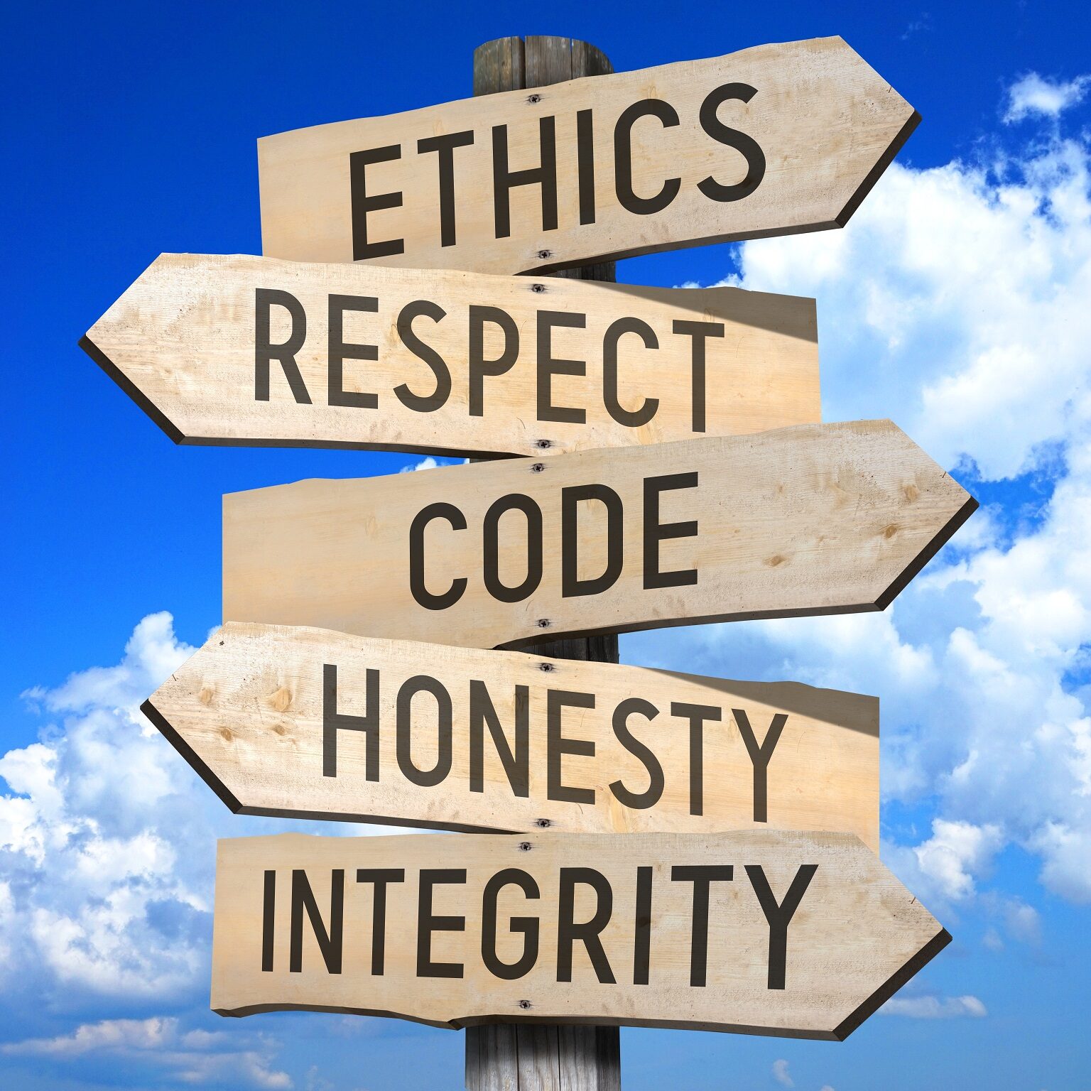 Wooden signpost - code of conduct (ethics, respect, code, honesty, integrity).